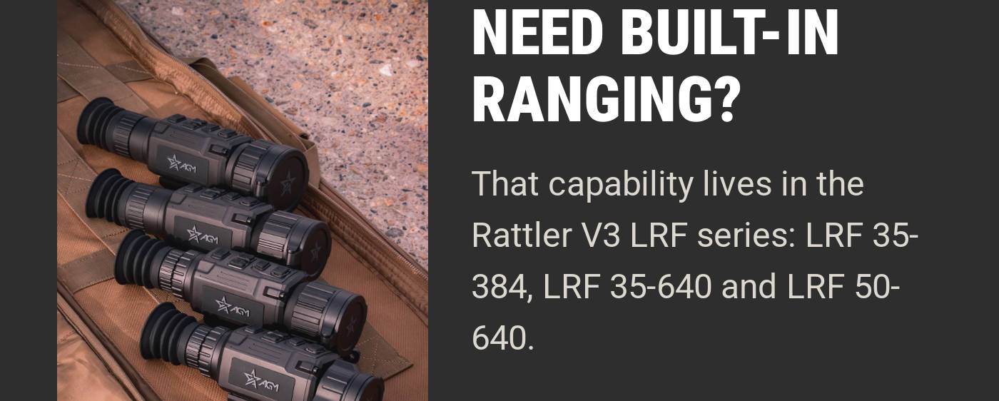 NEED BUILT-IN RANGING? Text explaining that the Rattler V3 LRF series offers this capability.