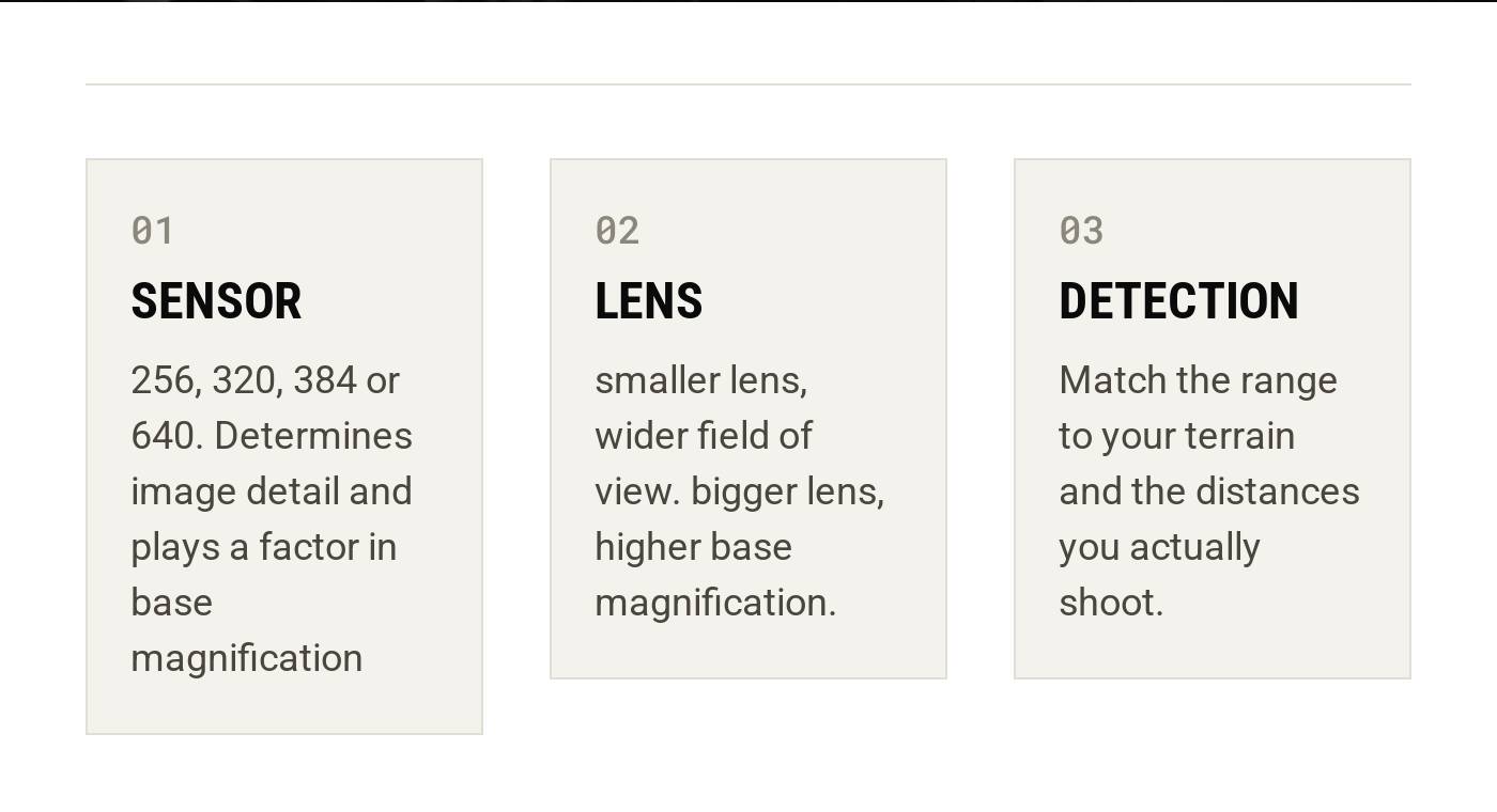 Key factors for choosing a thermal scope: Sensor, Lens, and Detection.