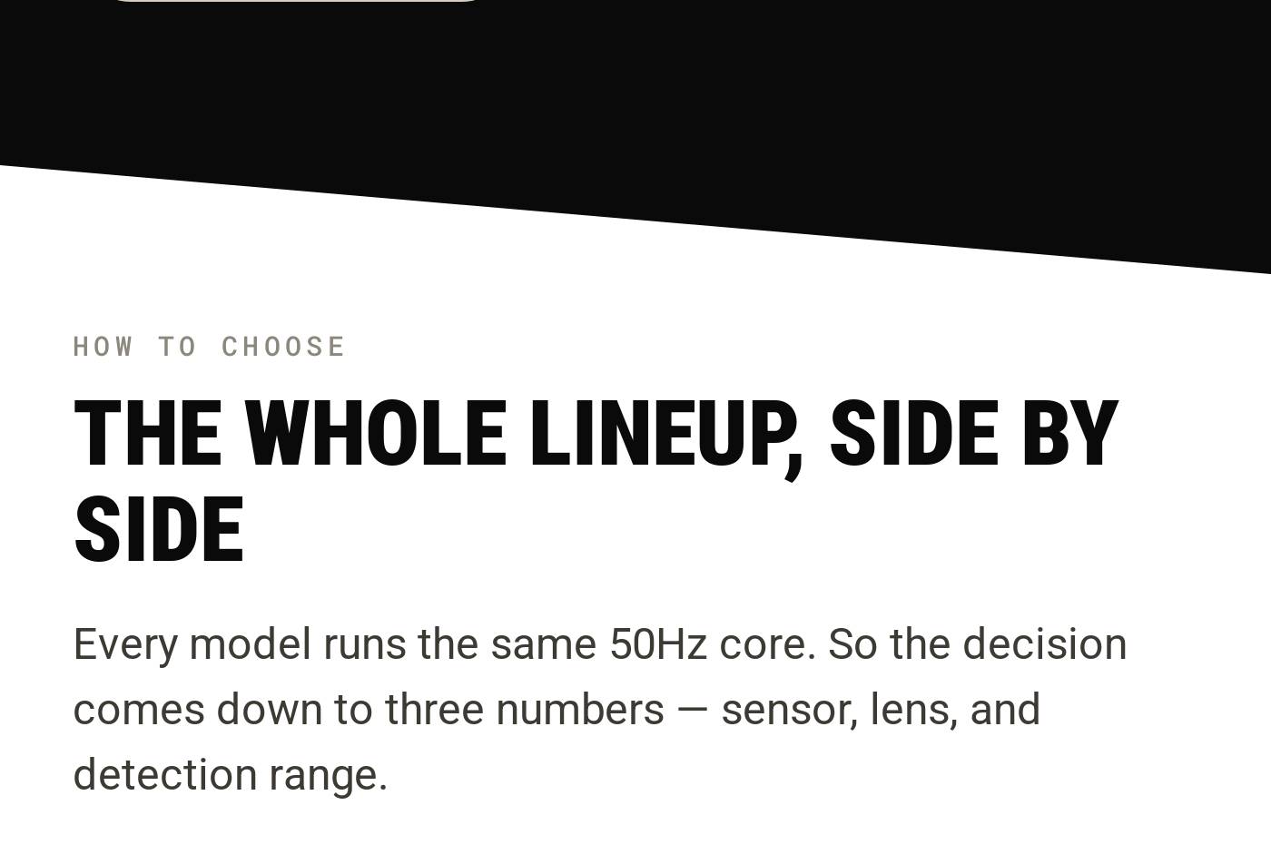 HOW TO CHOOSE THE WHOLE LINEUP, SIDE BY SIDE. Text explains decision based on sensor, lens, and detection range.
