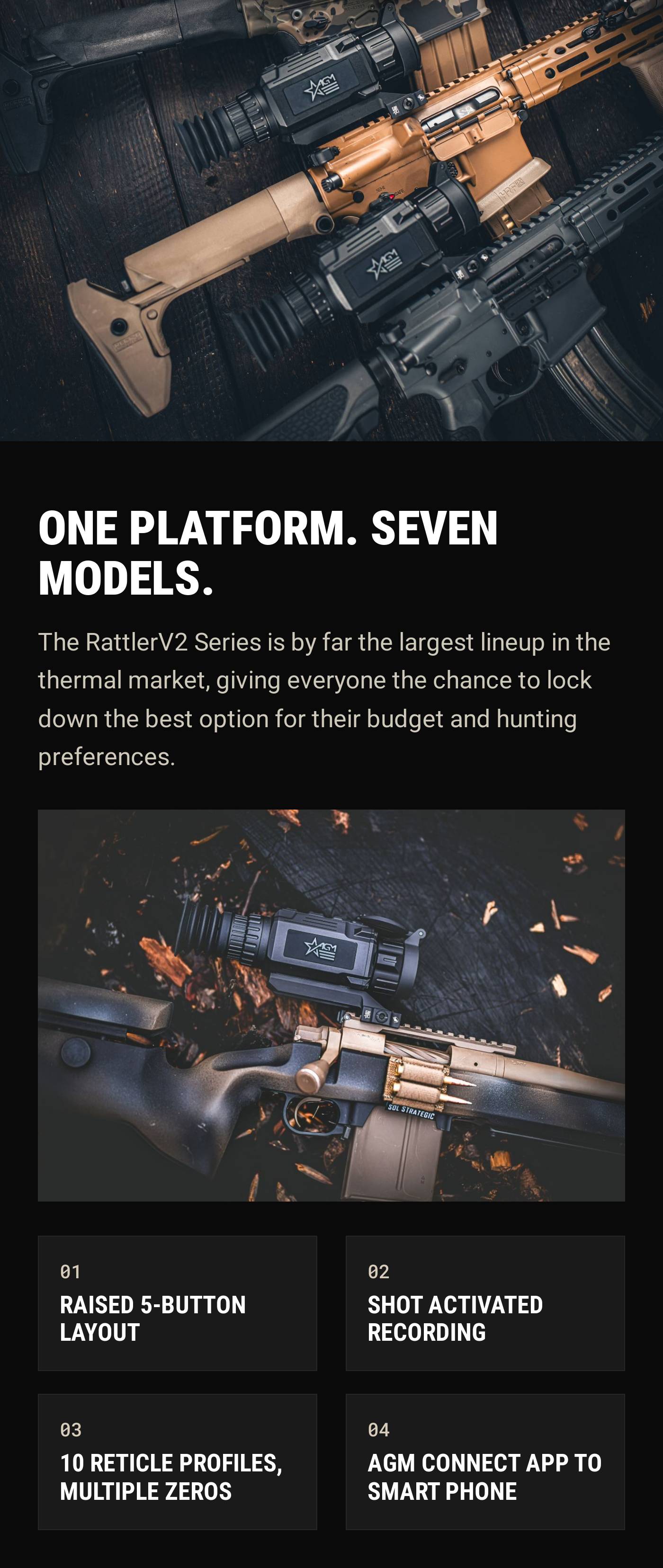 ONE PLATFORM. SEVEN MODELS. Text describing the RattlerV2 series lineup and features like raised 5-button layout, shot activa