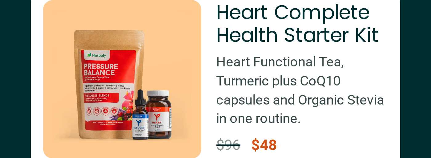 Herbaly Heart Complete Health Starter Kit with Pressure Balance Tea, Turmeric plus CoQ10 capsules, and Organic Stevia. $96 $4