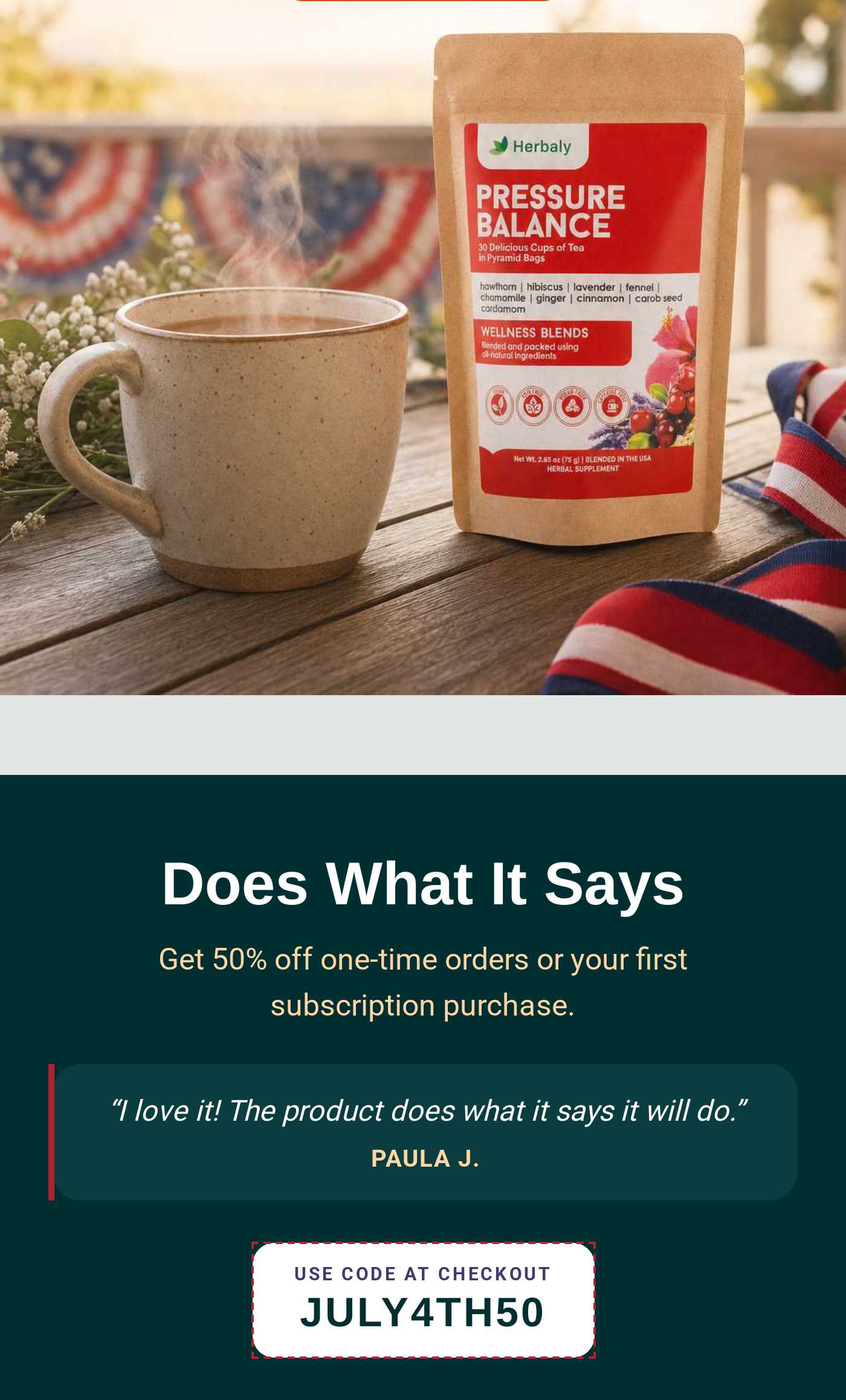 Herbaly Pressure Balance tea with a mug. Get 50% off one-time orders or first subscription. Code JULY4TH50.
