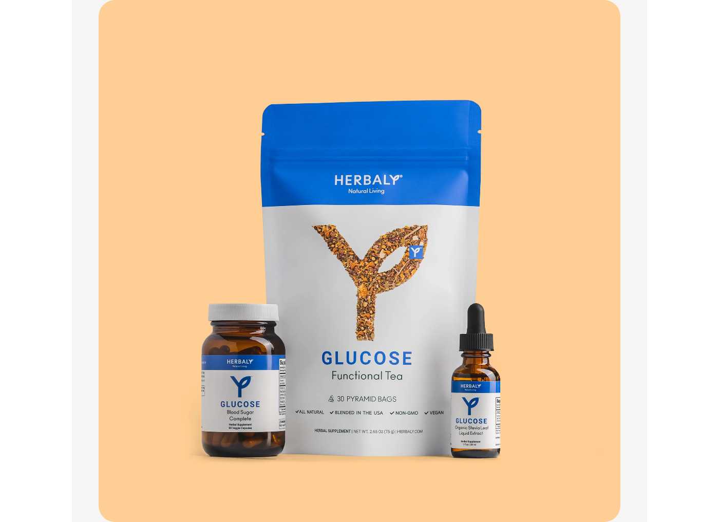 Herbaly Glucose Functional Tea, Complete Veggie Capsules, and Organic Stevia dropper kit.