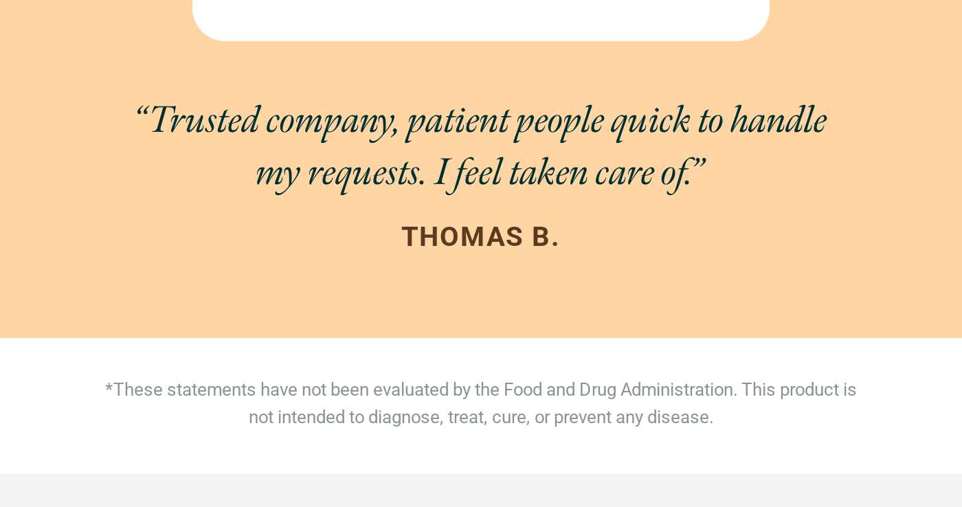 Customer testimonial by Thomas B. and a disclaimer about product claims.